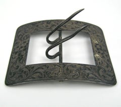 Antique Art Nouveau Sterling Silver Chased Belt Buckle