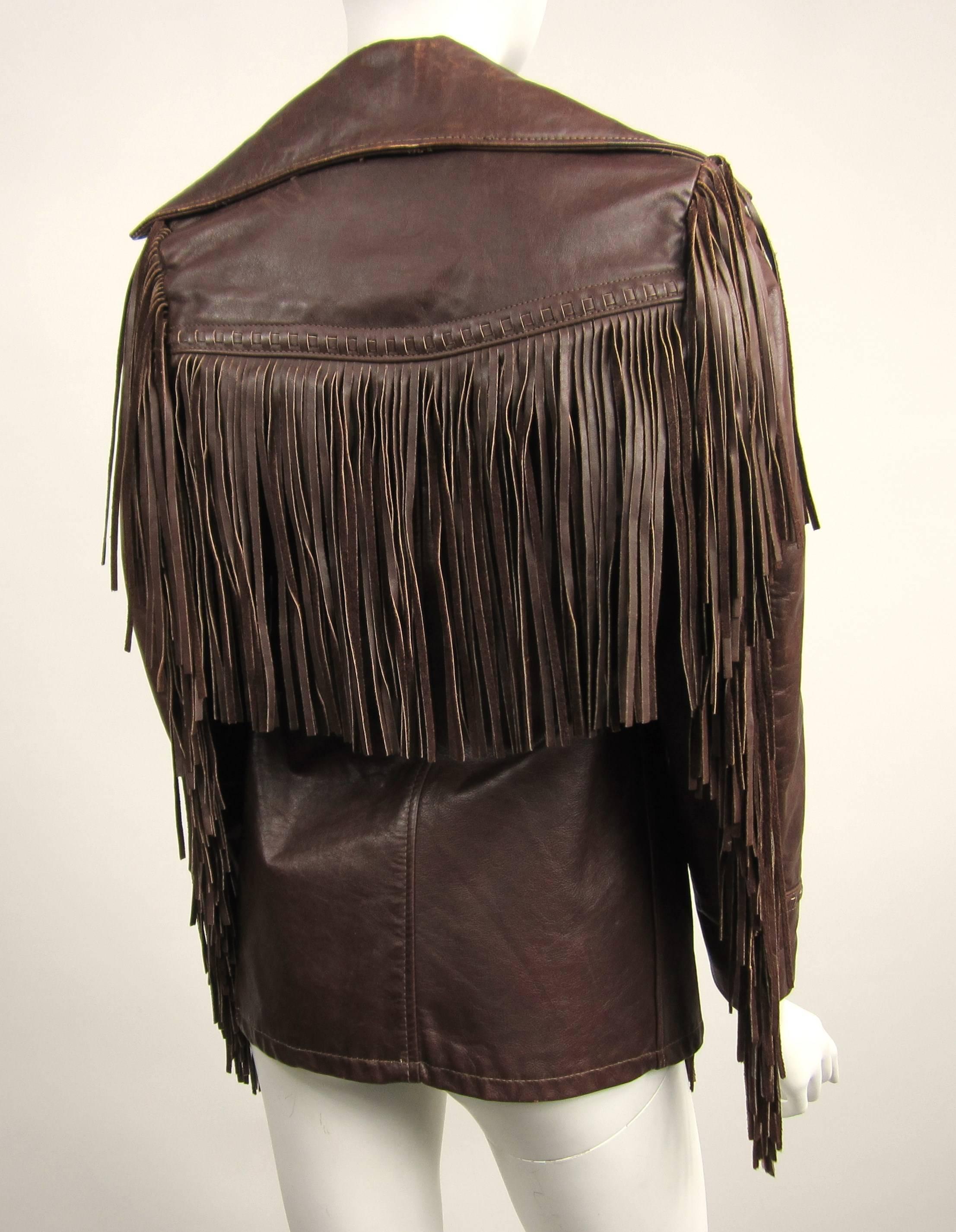 Black SCHOTT RANCHER Western Fringe Biker Jacket Brown Leather 1960's For Sale