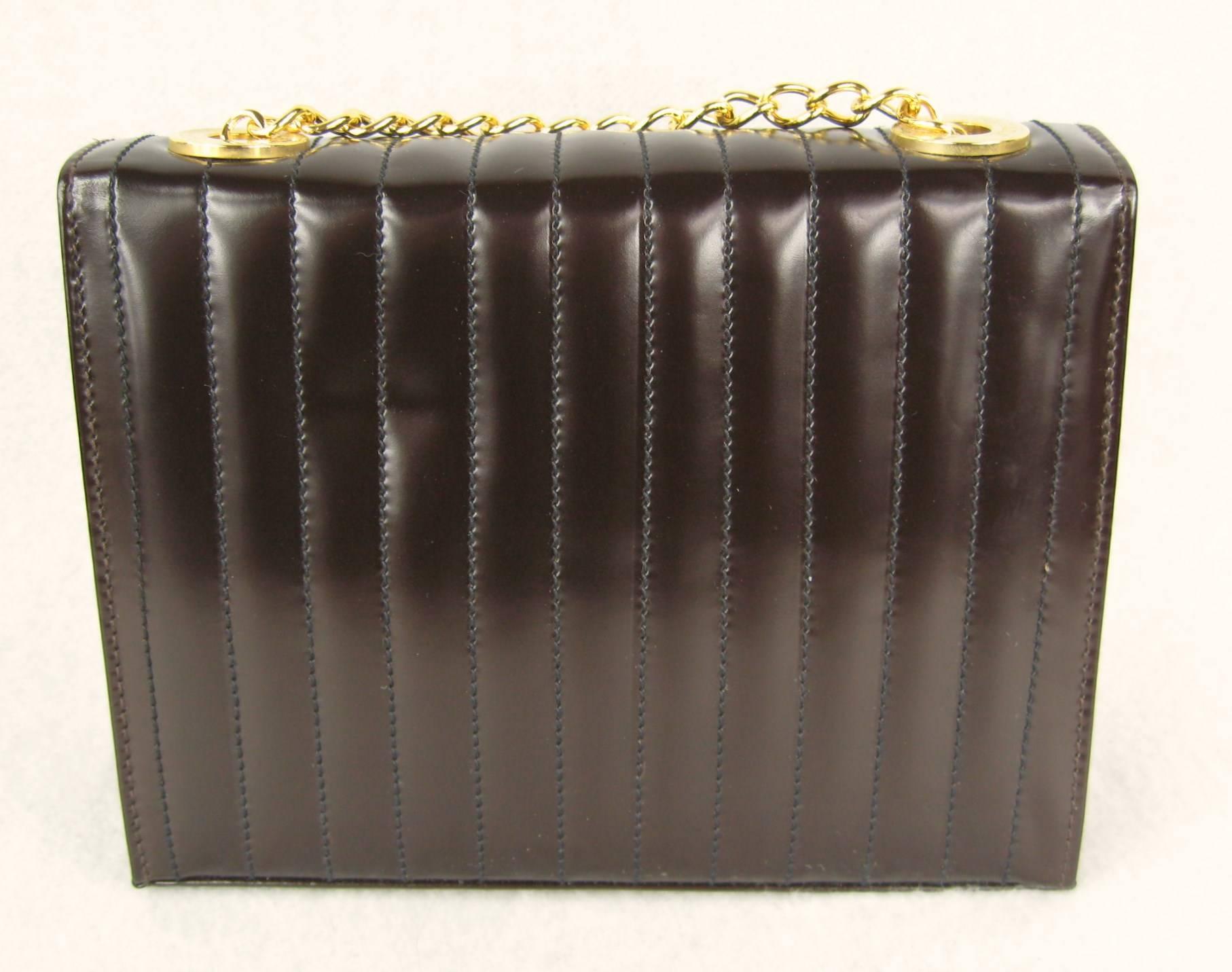 Black 1990s Brown Leather Ribbed Escada Kelly Hand Bag Never Worn  For Sale