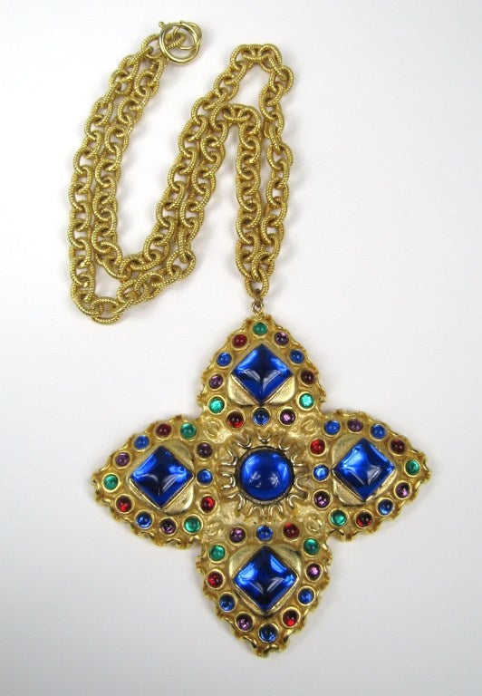 Red, Green , purple a Blue on this massive Escada Runway piece The Cross measures 4.66 / 118.48 mm wide and High. The Chain 29 inches. Total drop is about 38 inches. Many more pieces of New never worn jewelry available on our storefront. Make a