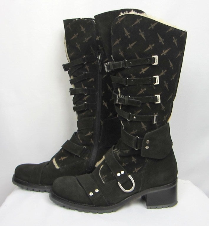 Laser engraved Black Suede Boots  In original Box - Buckles all down the front    3/4 way up zippers    Stacked heel     Size 41
A very Fine made Italian Boot with loads of Style, lined with Shearling to keep you cozy and Warm. Please be sure to