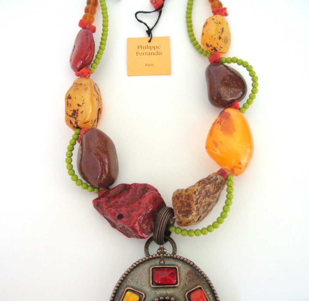 Philippe Ferrandis Necklace Bronze Gripoix Glass Amber Stone 1990s In New Condition For Sale In Wallkill, NY