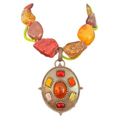 Philippe Ferrandis Necklace Bronze Gripoix Glass Amber Stone 1990s