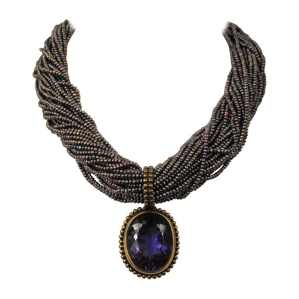 Stephen DWECK Necklace Amethyst Sterling 32 strand stone bib New w Tags 1995 For Sale