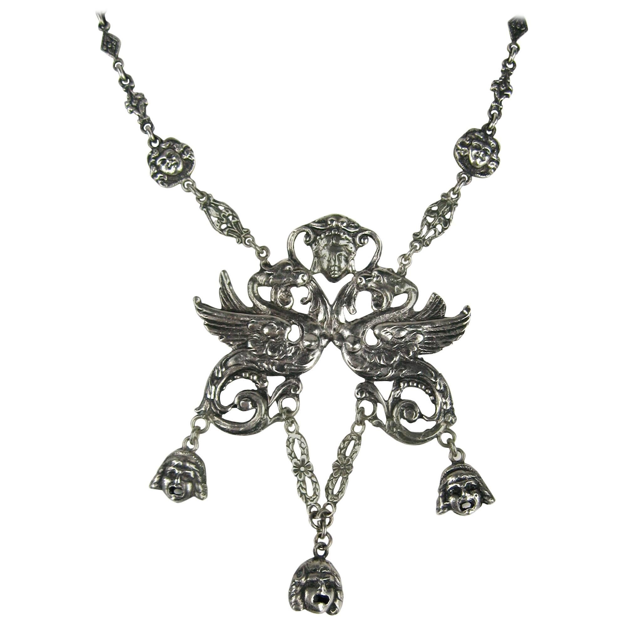 Silver Griffin Dragon Necklace Antique 