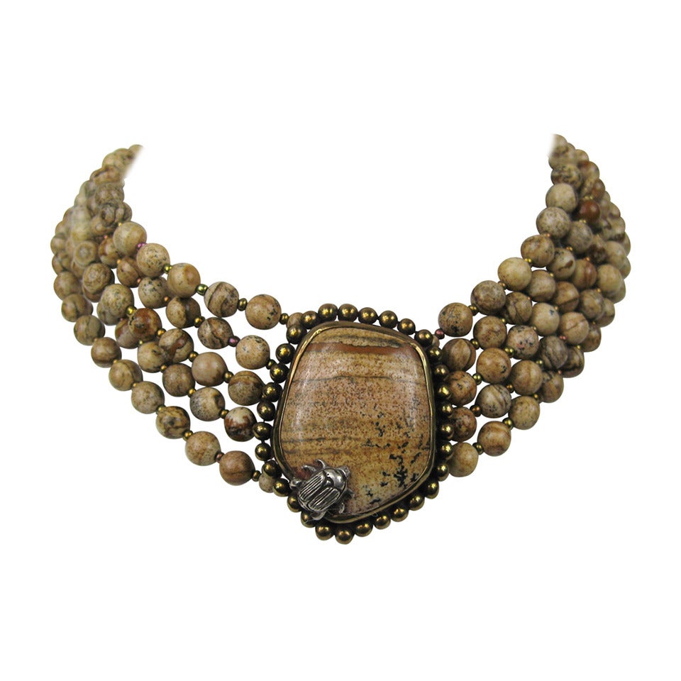 Stephen DWECK Einzigartige Halskette aus Sterling mit 5 Strängen und Steinbändern, 1990er Jahre 