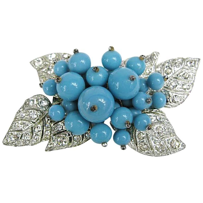 1940s Miriam Haskell Turquoise glass Brooch Pin  For Sale