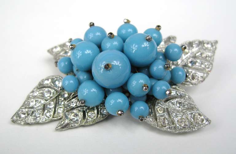 1940s Miriam Haskell Turquoise glass Brooch Pin For Sale at