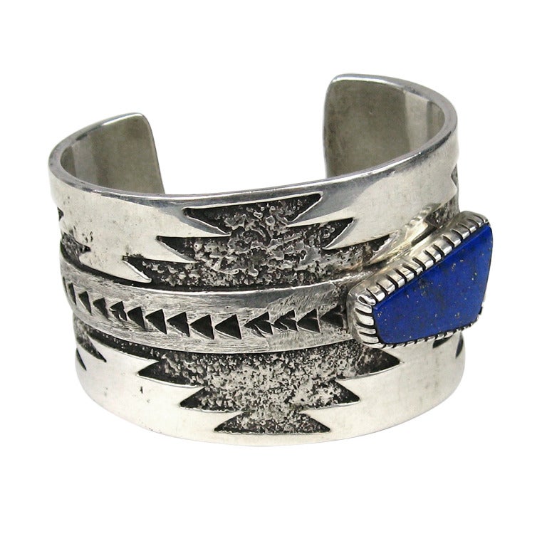 Zuni Sterling Silver Lapis Bracelet Signed T. Jackson Native American  For Sale