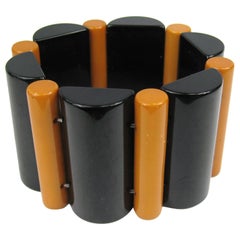 1930's True Vintage Bakelite Catalin Stretch Wide Black & Butterscotch Bracelet