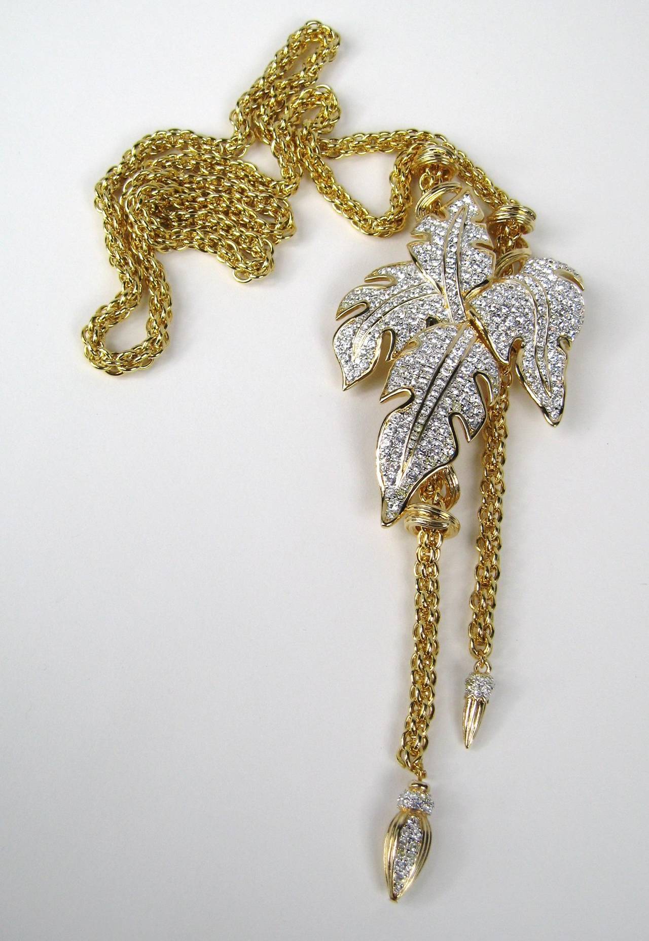 Massive Swarovski Crystal Leaf Lariat Necklace New,  Never Worn 1990s  In New Condition For Sale In Wallkill, NY