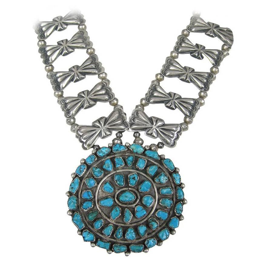 Sterling Silver Pawn Butterfly link Squash Blossom Turquoise Necklace