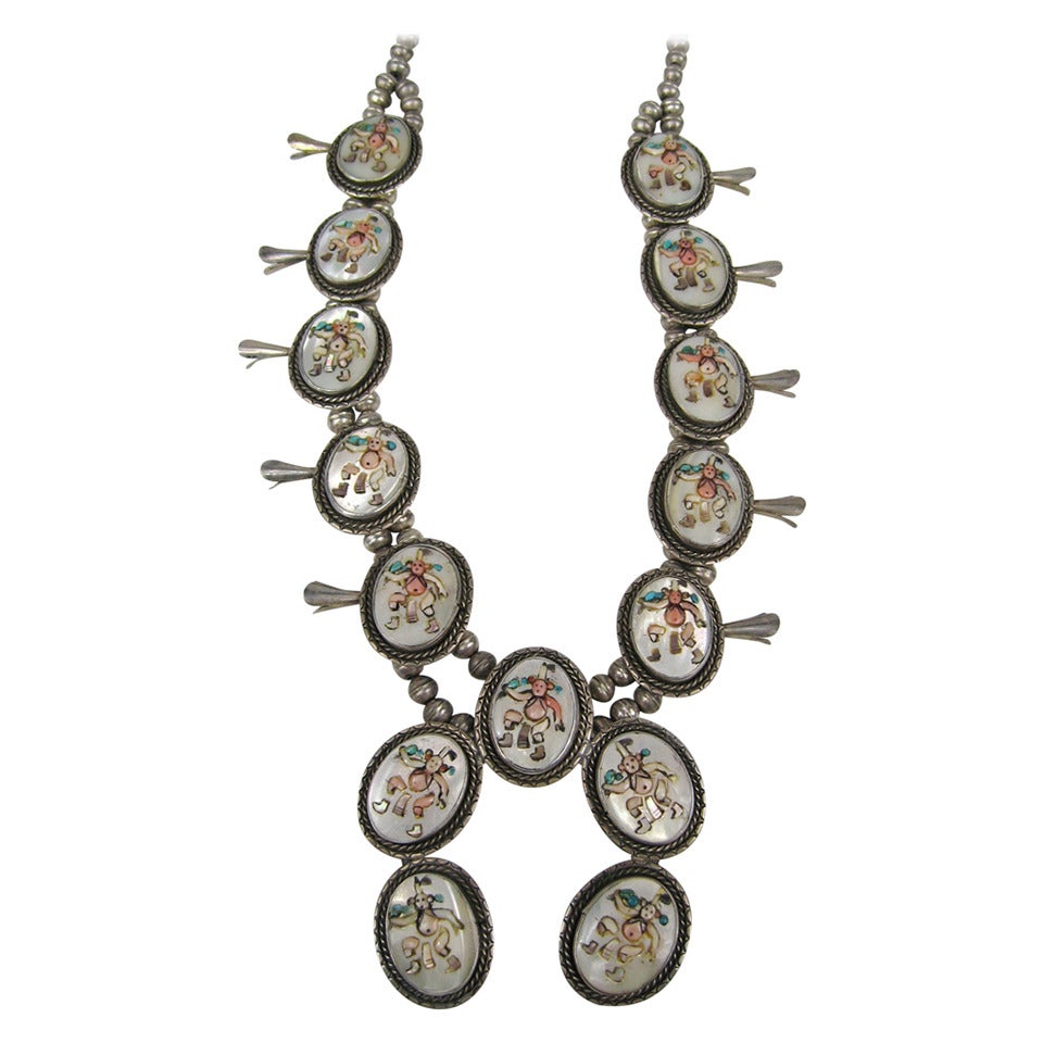 Sterling Silver Old Pawn Kachina Squash Blossom Turquoise Necklace