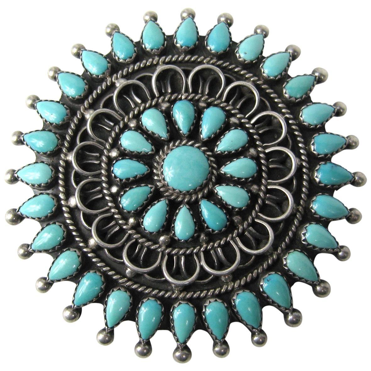 Large Petit Petite Point Zuni Sterling Silver Turquoise Brooch