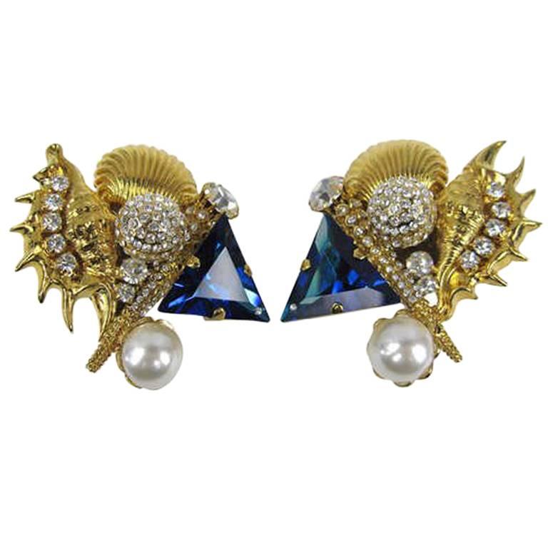 Gianfranco FERRE Sea Shell Motif Pearl Crystal Earrings New, Never worn For Sale