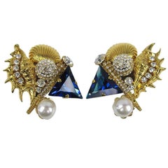 Vintage Gianfranco FERRE Sea Shell Motif Pearl Crystal Earrings New, Never worn