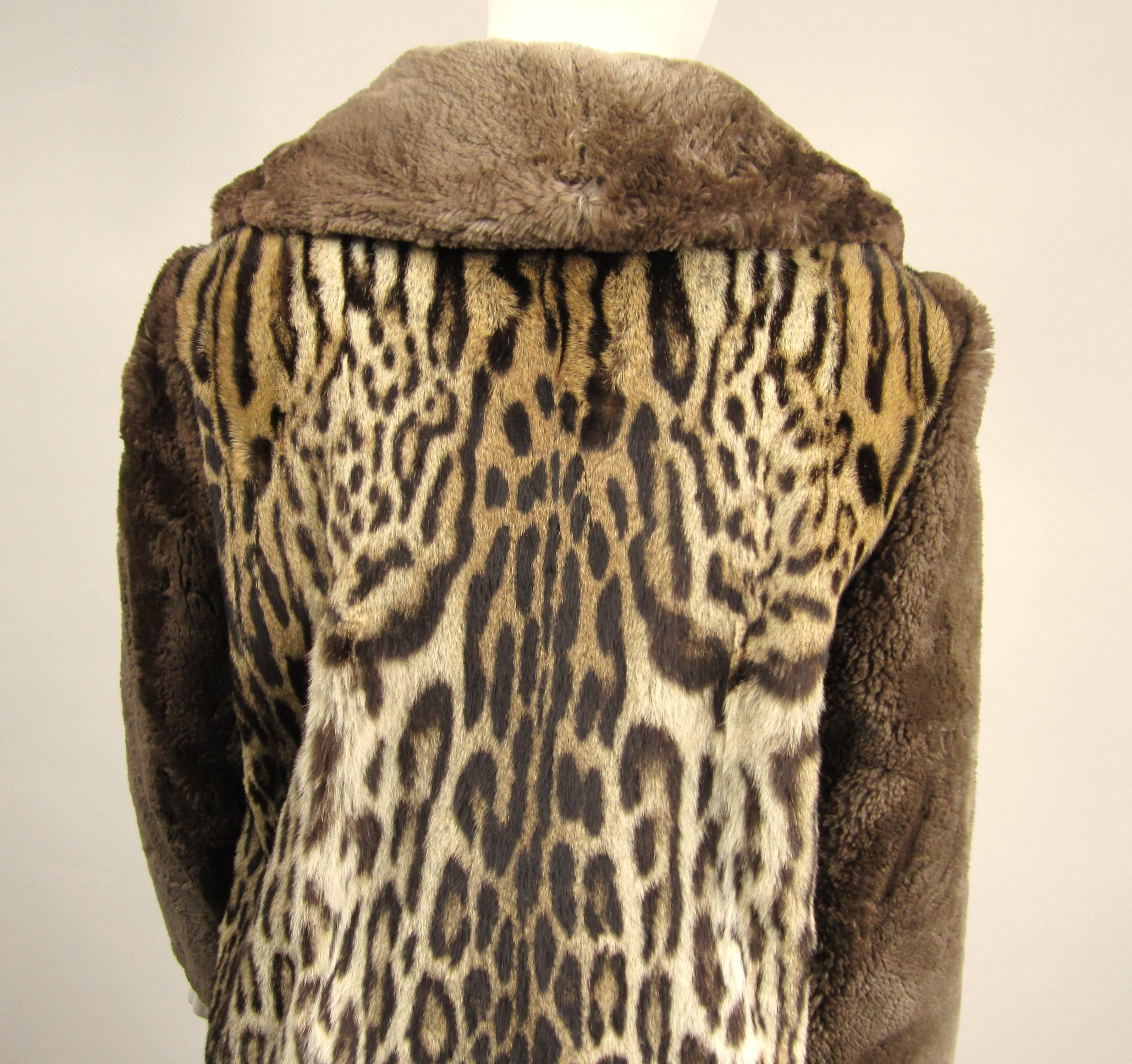 Brown 1940's Vintage Leopard Print Fur Mouton Sleeve Jacket Coat 