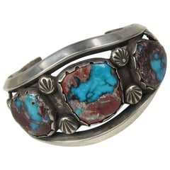 Retro Navajo cuff Sterling Silver bracelet Old pawn turquoise Brown Matrix