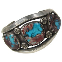 Brazalete vintage Navajo de plata de ley Antiguo peón turquesa Marrón Matrix
