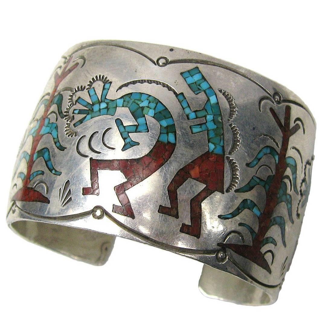 Sterling Silver Inlaid Coral & Turquoise Zuni Story Teller Cuff Bracelet