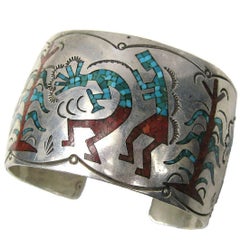 Retro Sterling Silver Inlaid Coral & Turquoise Zuni Story Teller Cuff Bracelet