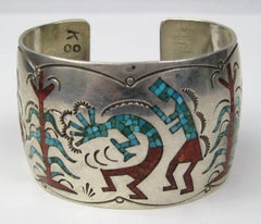 Sterling Silver Inlaid Coral & Turquoise Zuni Story Teller Cuff Bracelet