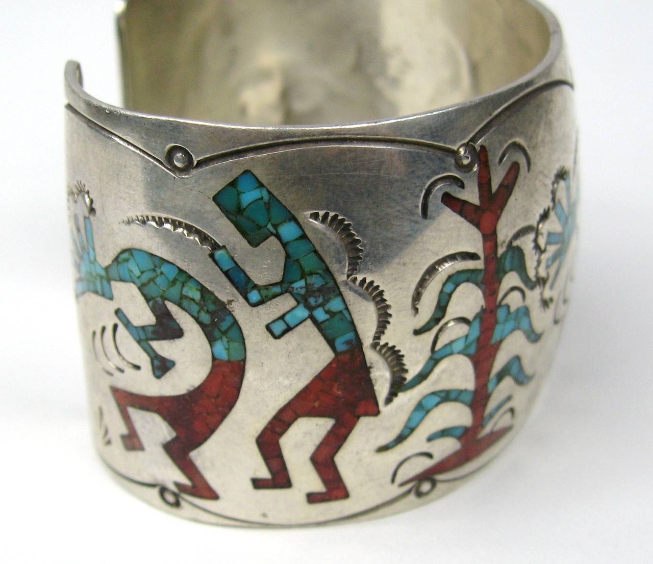 Native American Sterling Silver Inlaid Coral & Turquoise Zuni Story Teller Cuff Bracelet