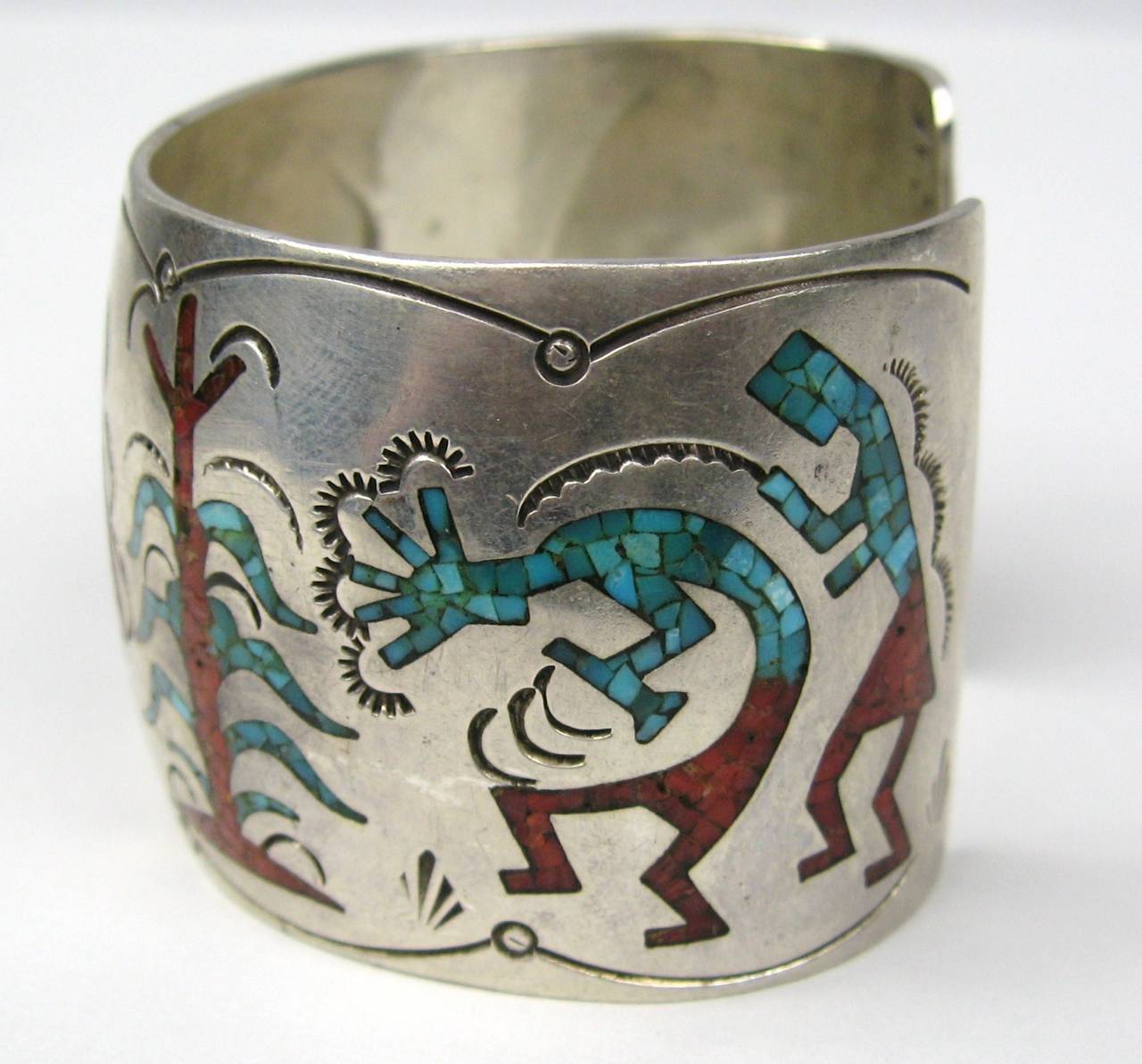 Cabochon Sterling Silver Inlaid Coral & Turquoise Zuni Story Teller Cuff Bracelet