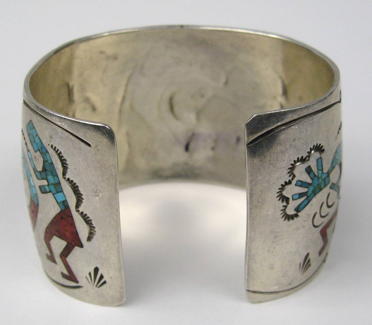Sterling Silver Inlaid Coral & Turquoise Zuni Story Teller Cuff Bracelet In Excellent Condition In Wallkill, NY