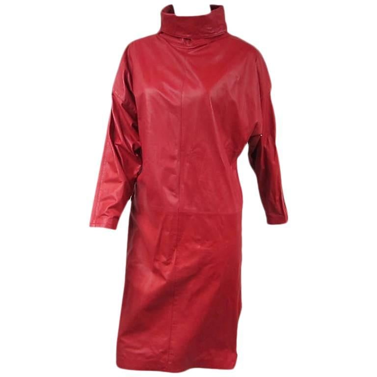 Vintage 1980s Michael Hoban for North Beach Red Zippered Leather Dress For Sale