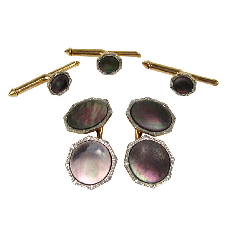 Gold and Mother of Pearl Cuff link & Shirt Stud Set 1930s 