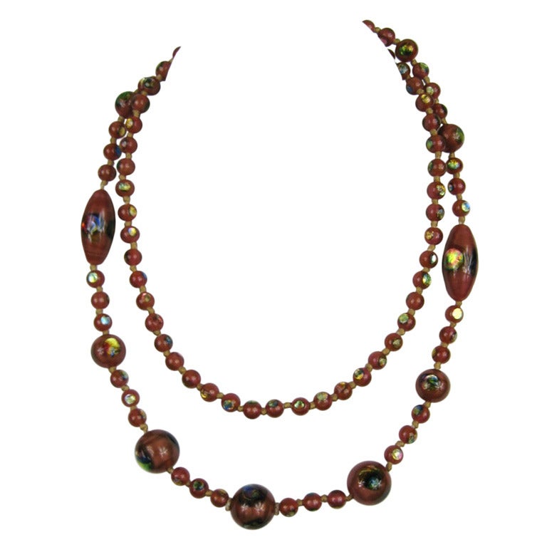 Lampwork Glass Iridescent Foiled Beaded Necklace 1930s For Sale