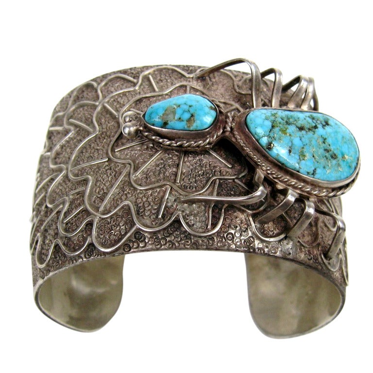  Sterling Silver Turquoise Spider Cuff Bracelet For Sale