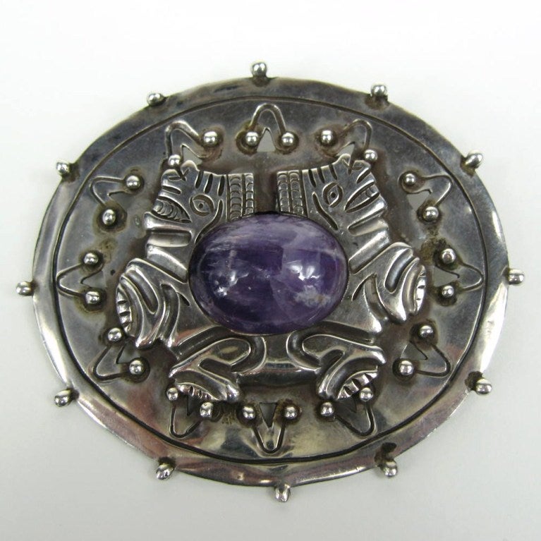 Women's or Men's 1940s William Spratling Amethyst Sterling Silver Pin Brooch For Sale