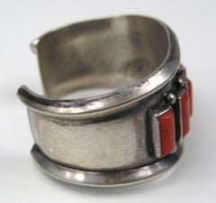 Sterling Silver Pawn Southwestern Navajo Coral Cuff Bracelet