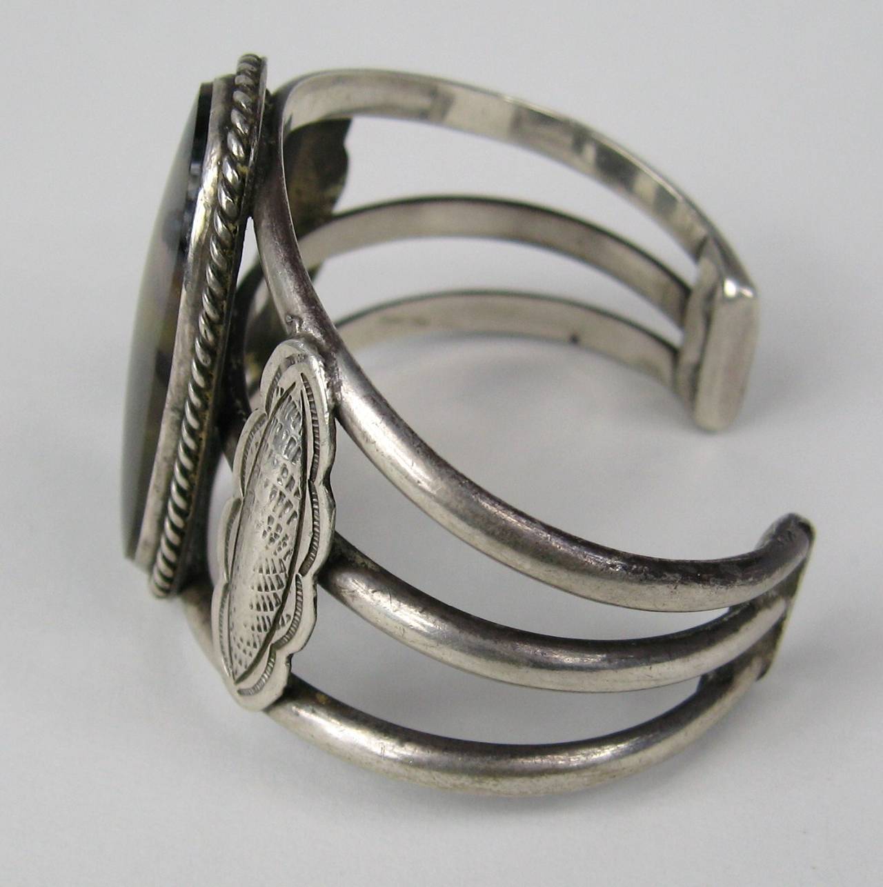 Native American Scenic Navajo petrified wood Sterling Silver 3 wire Cuff Bracelet For Sale