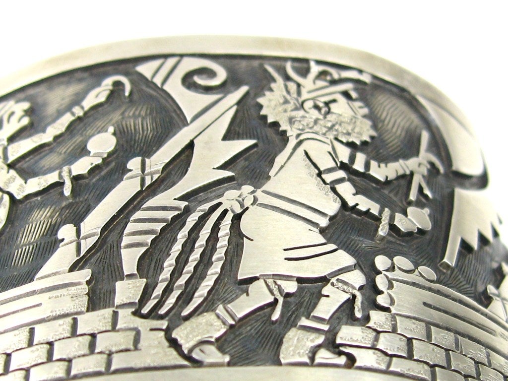 Wide Sterling Silver Southwestern Story Teller Bracelet In Excellent Condition For Sale In Wallkill, NY