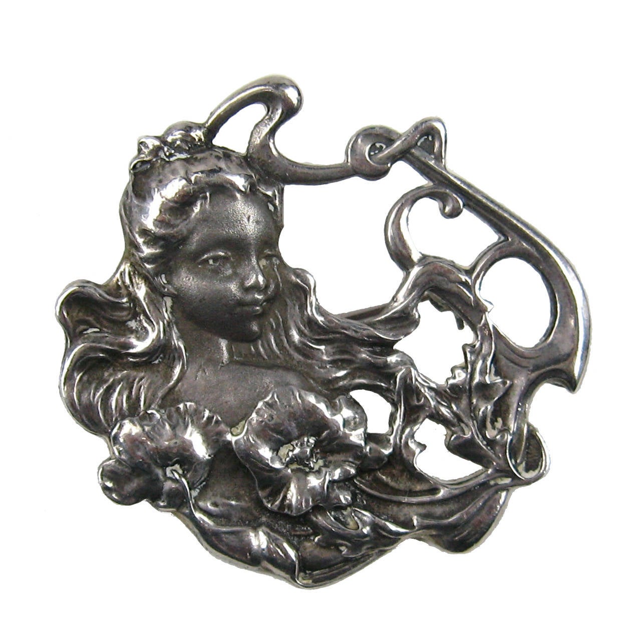  Pendentif broche portrait en argent sterling Art Nouveau des années 1920