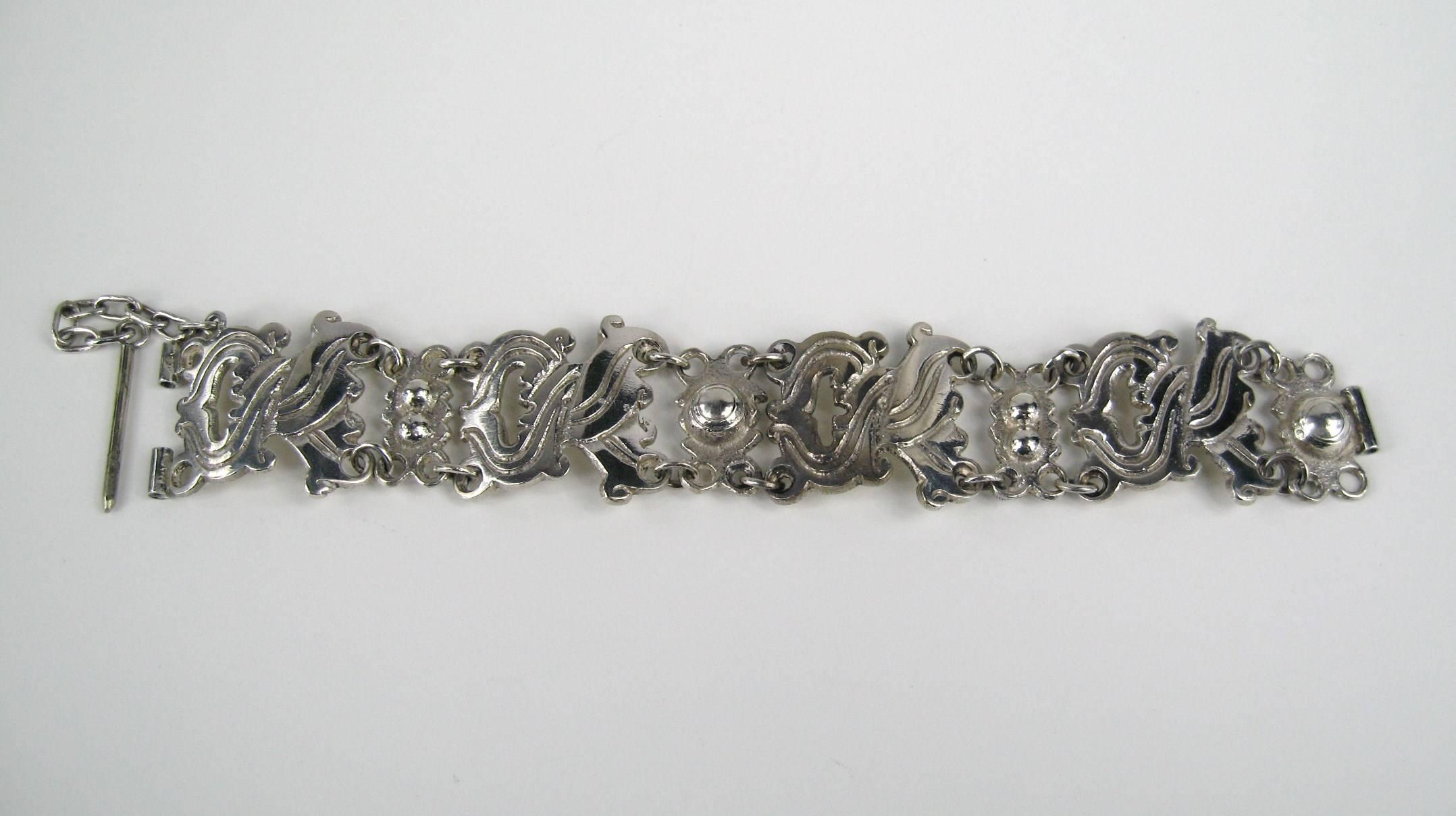Stunning Paneled Mexican Silver Bracelet Hallmarked Mexico 900. measures 1.18 in.  wide 7.5 inches end to end. Plenty more vintage sterling listed on our storefront. ** This is out of our massive collection of Hopi, Zuni, Navajo, Southwestern,