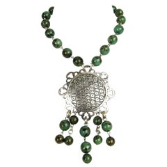 Dominique Aurientis Long Glass Beaded Silver Necklace 1980s NEW, Never worn