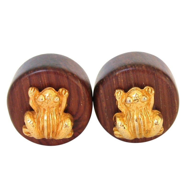  1980s Dominique Aurientis Frog Wood and Gold Earrings For Sale