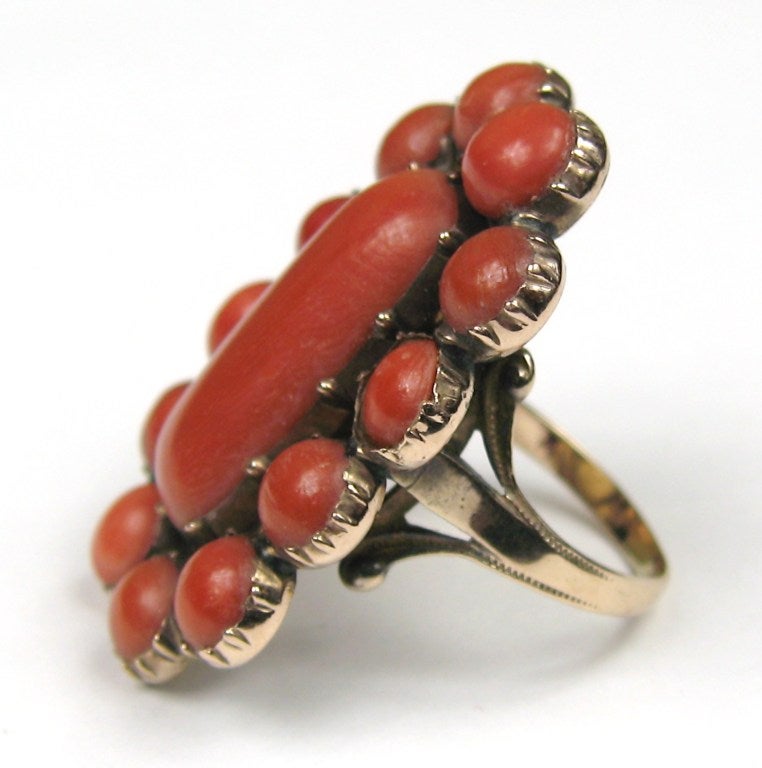 Cabochon Antique Victorian 10K Gold Large Coral Ring For Sale