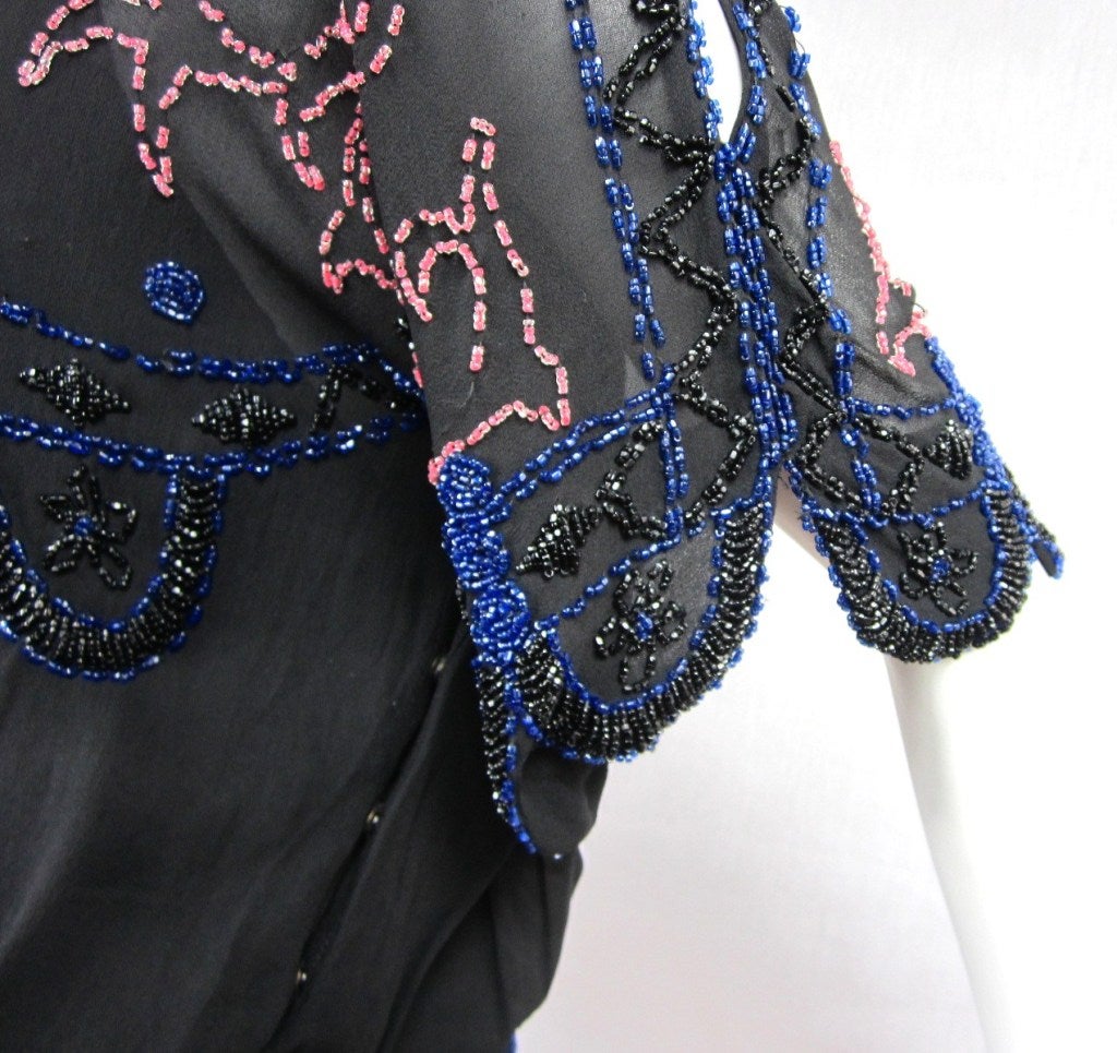 1920s Silk Black Multi Colored Beaded Drop Waisted Dress In Good Condition For Sale In Wallkill, NY