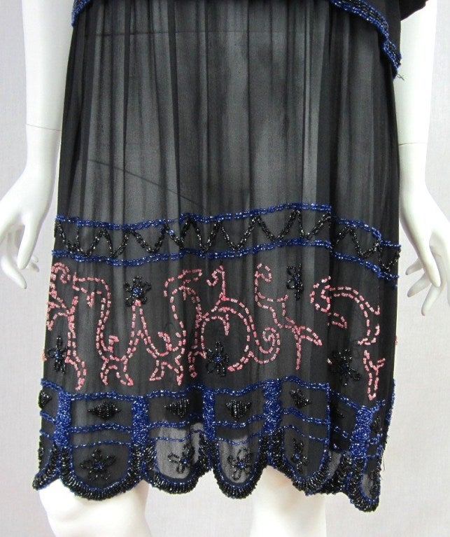 Women's  1920s Silk Black Multi Colored Beaded Drop Waisted Dress For Sale