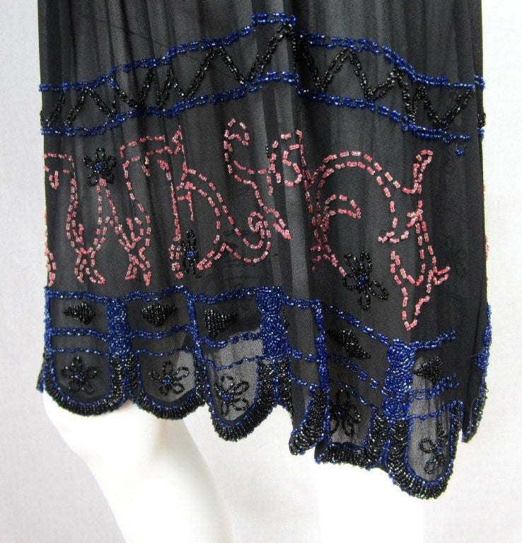  1920s Silk Black Multi Colored Beaded Drop Waisted Dress For Sale 1