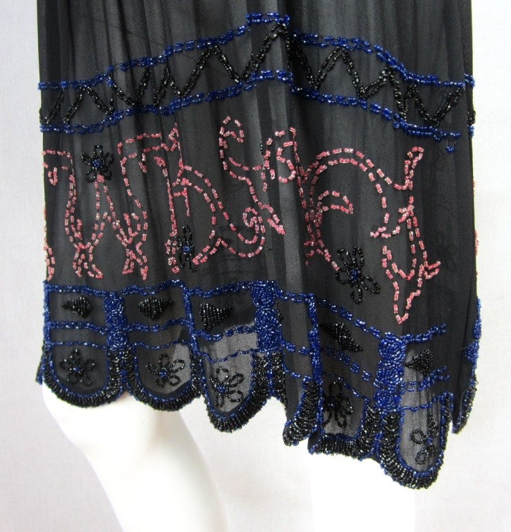 Silk  Flapper Black Beaded Drop Waist Dress 1920s For Sale 1