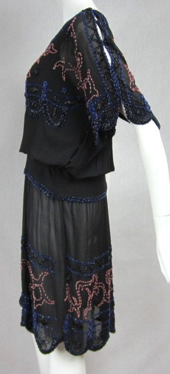  1920s Silk Black Multi Colored Beaded Drop Waisted Dress For Sale 2