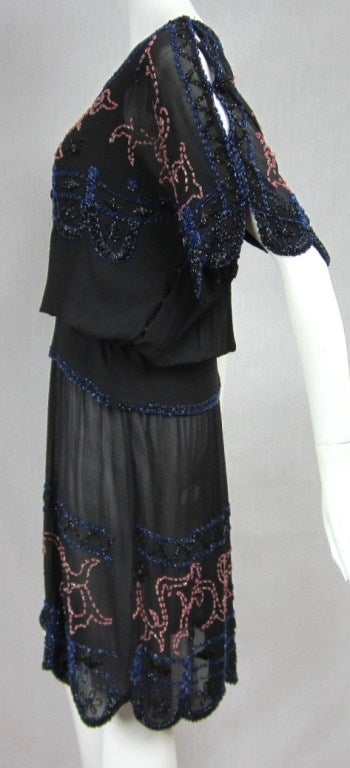 Silk  Flapper Black Beaded Drop Waist Dress 1920s For Sale 2