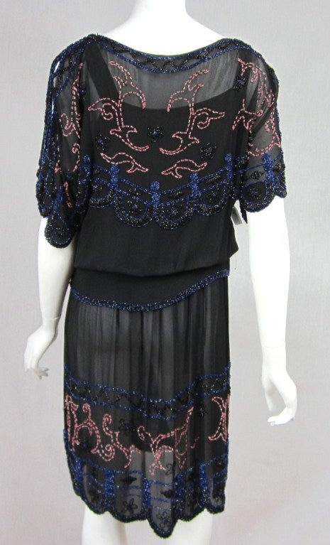  1920s Silk Black Multi Colored Beaded Drop Waisted Dress For Sale 4
