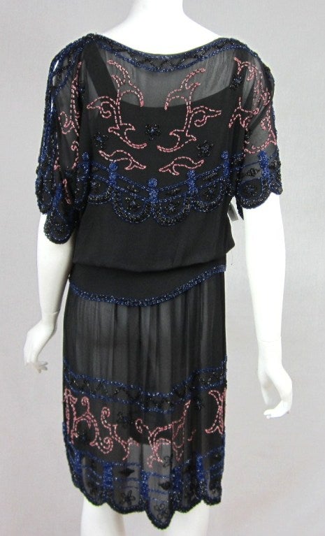 Silk  Flapper Black Beaded Drop Waist Dress 1920s For Sale 4